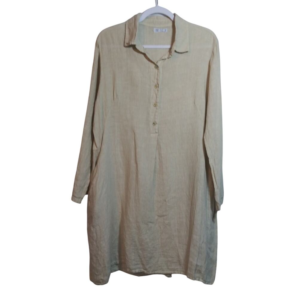 Made In Italy Beige Linen Collar Dress Natural Neutral Size L